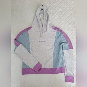 Women's Champion cropped hoodie, blue/grey/purple, size medium